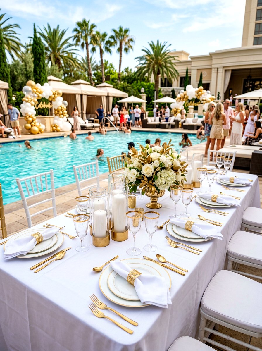 Gold White Glamour - 30 pool party tablescape ideas