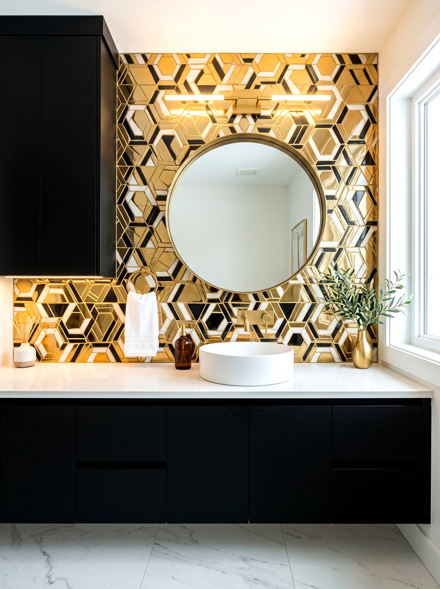 Gold accent geometric tile backsplash - 30 removable tile bathroom ideas
