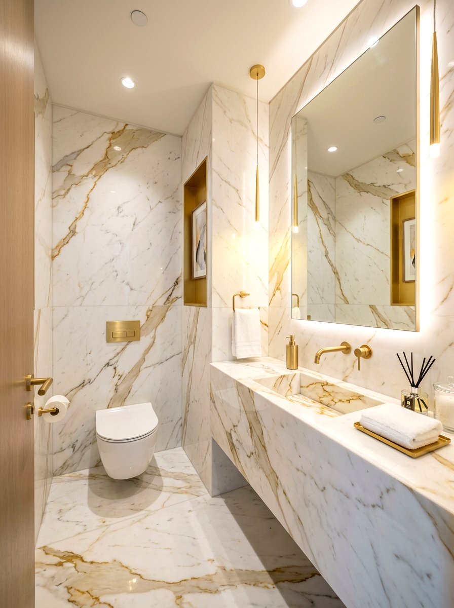 Gold accent marble powder room - 30 jewel box powder room ideas
