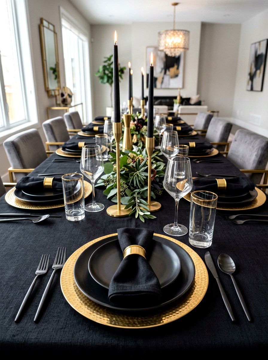 Gold and black table setting - 30 New Year table decor ideas