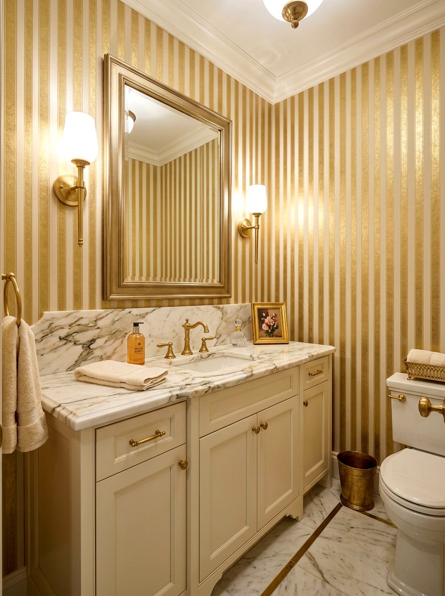 Gold and cream striped wallpaper - 30 striped powder room ideas