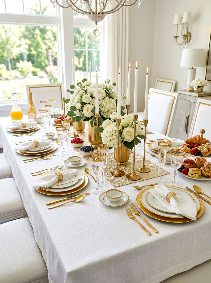 Gold and white brunch table - 30 elegant brunch table ideas