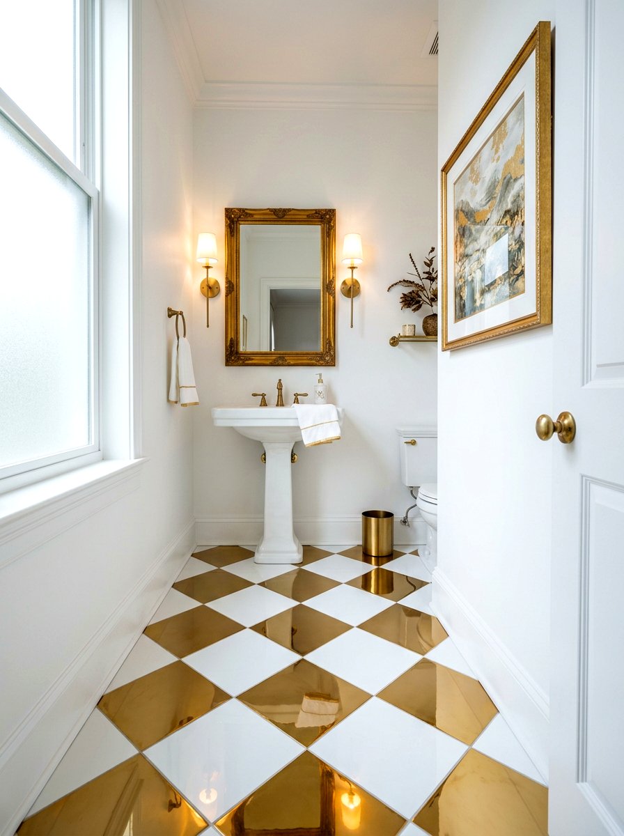 Gold and white checkerboard accent - 30 peel and stick checkerboard floor ideas