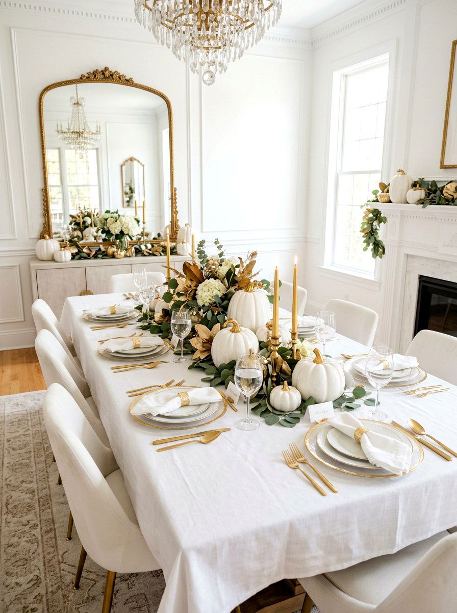 Gold and white pumpkin theme - 30 Thanksgiving brunch table ideas