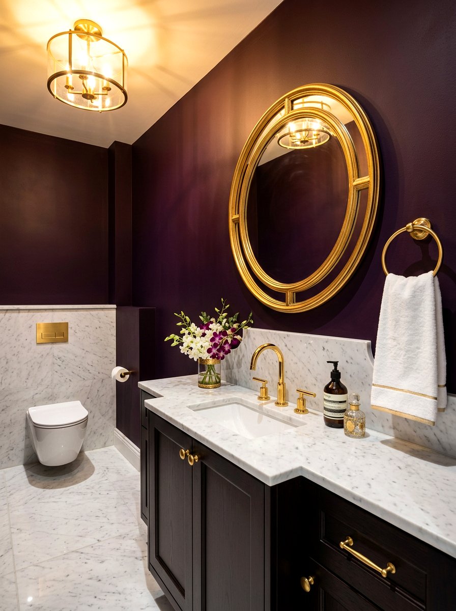 Gold bathroom hardware - 30 aubergine powder room ideas