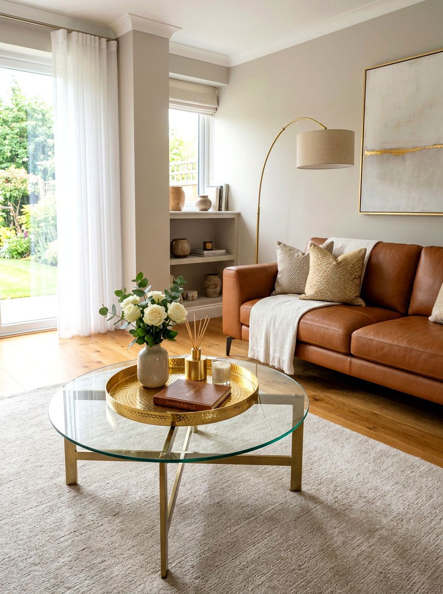 Gold decorative tray - 30 glass coffee table styling ideas