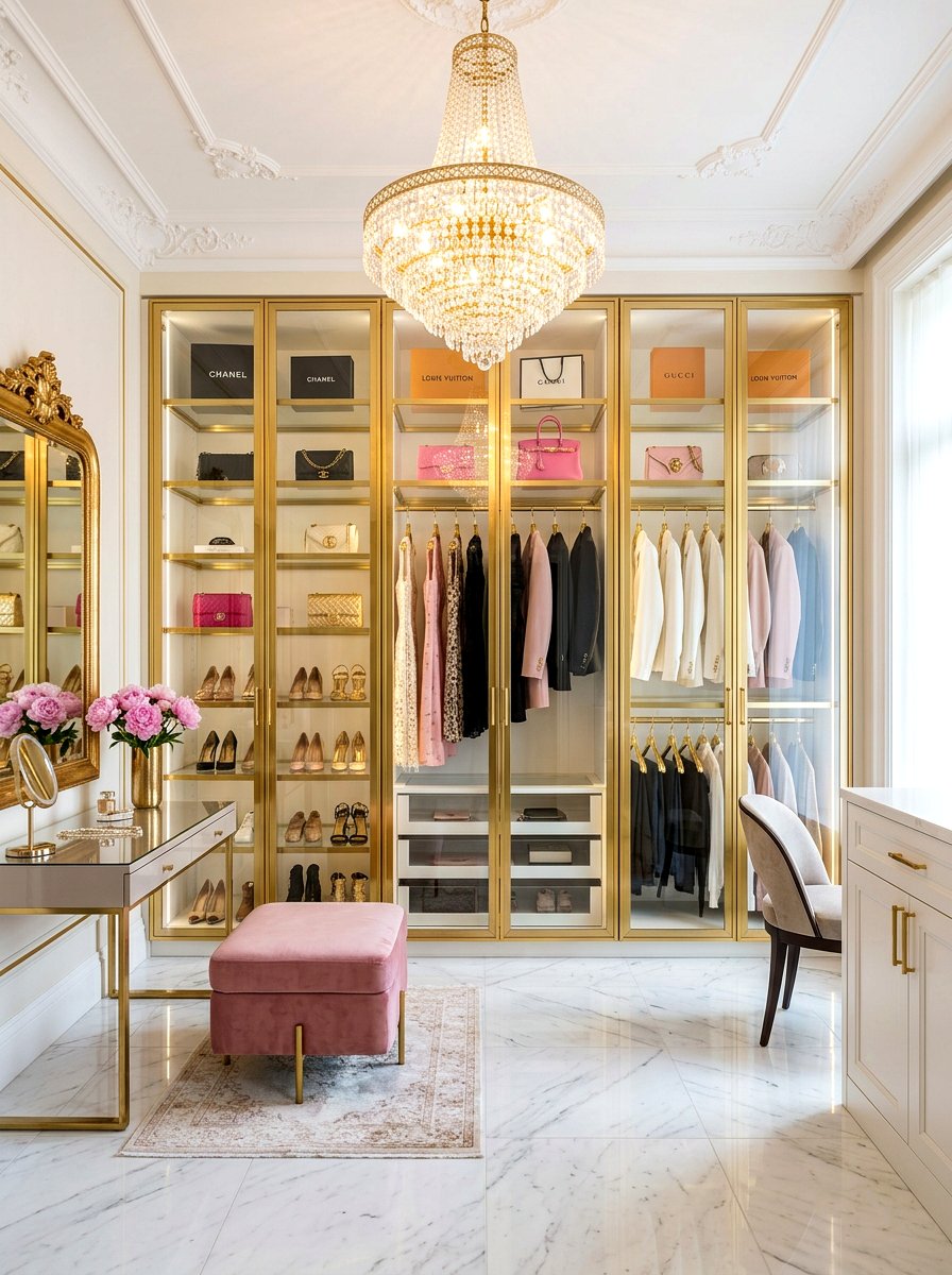 Gold frame glass closet - 30 glass front closet ideas