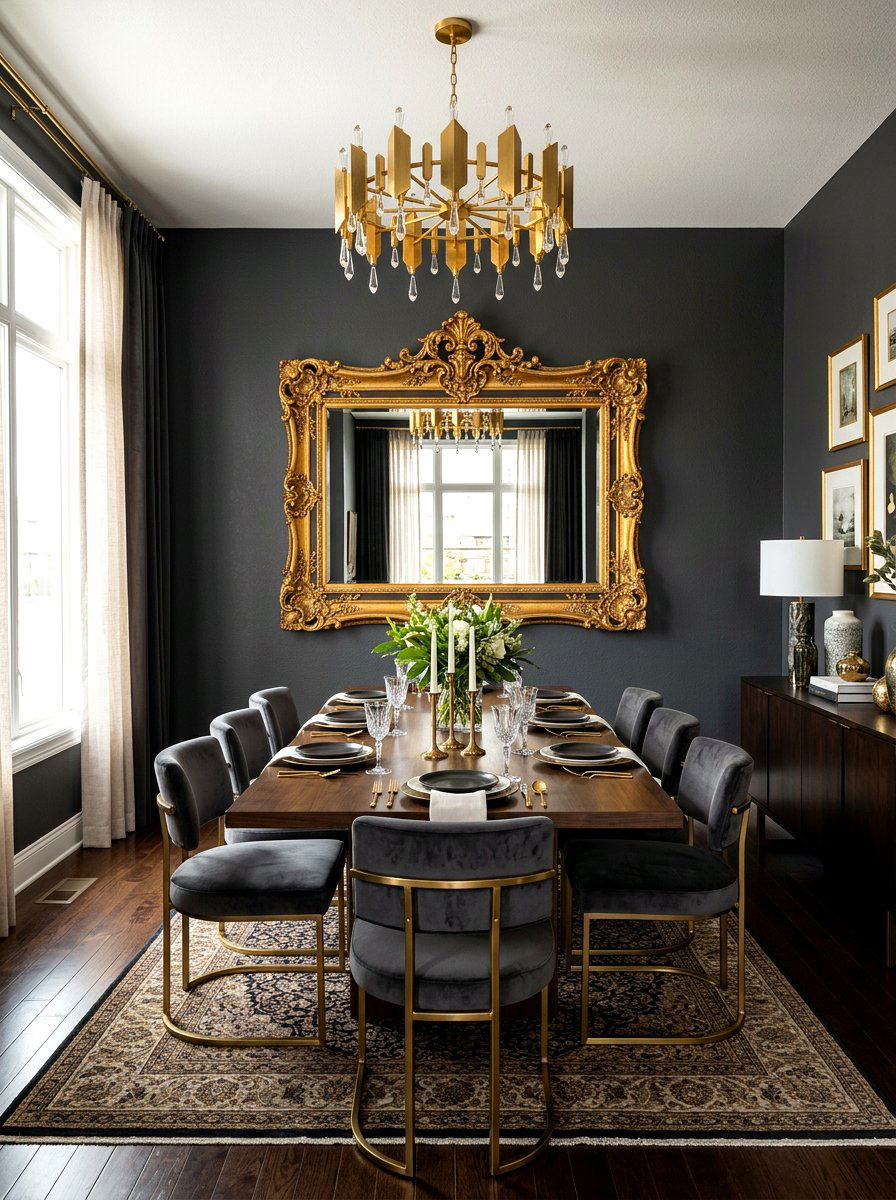 Gold frame mirror - 30 moody supper club dining ideas