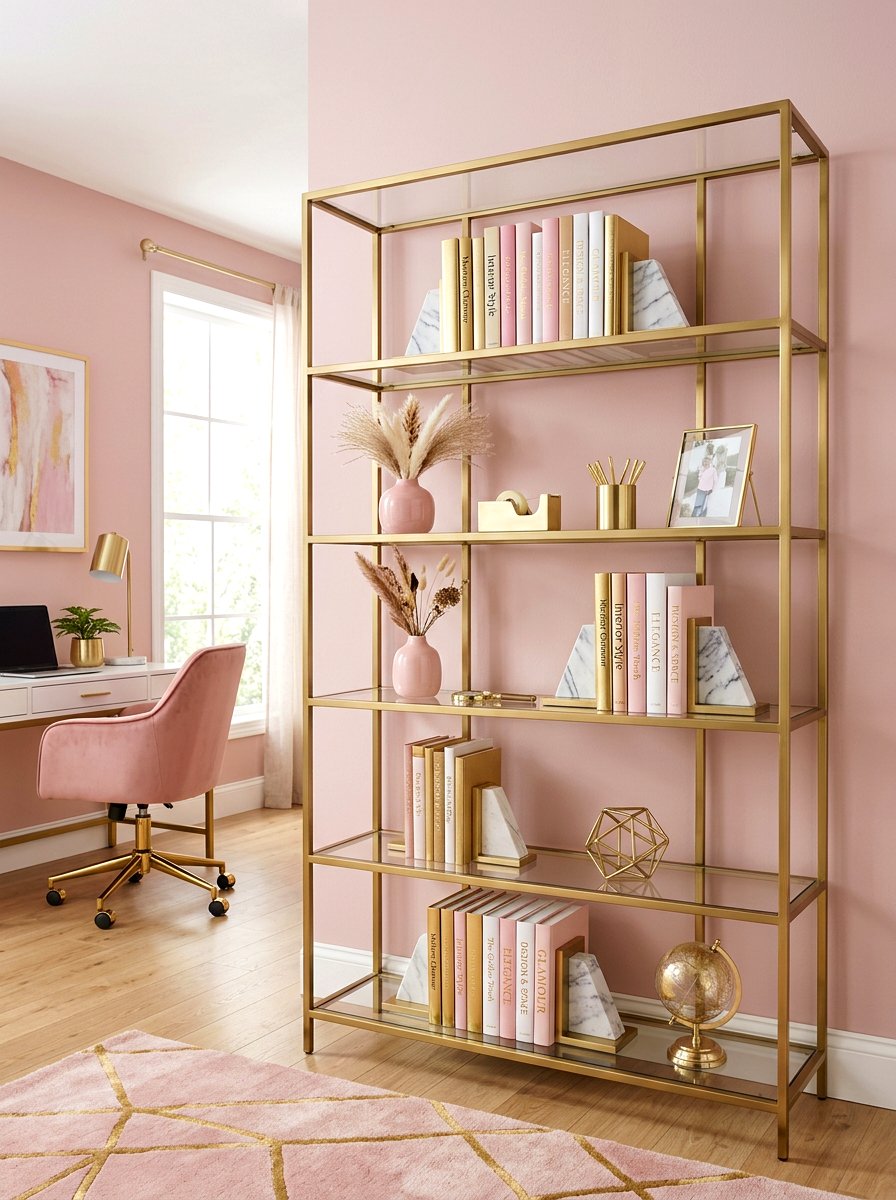 Gold frame shelving - 30 office shelving styling ideas