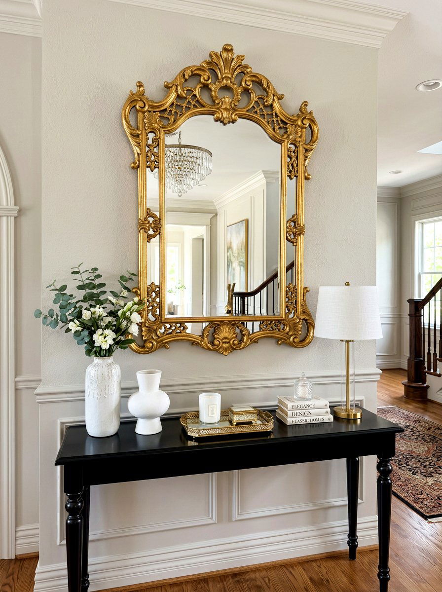 Gold framed wall mirror - 30 foyer console styling ideas