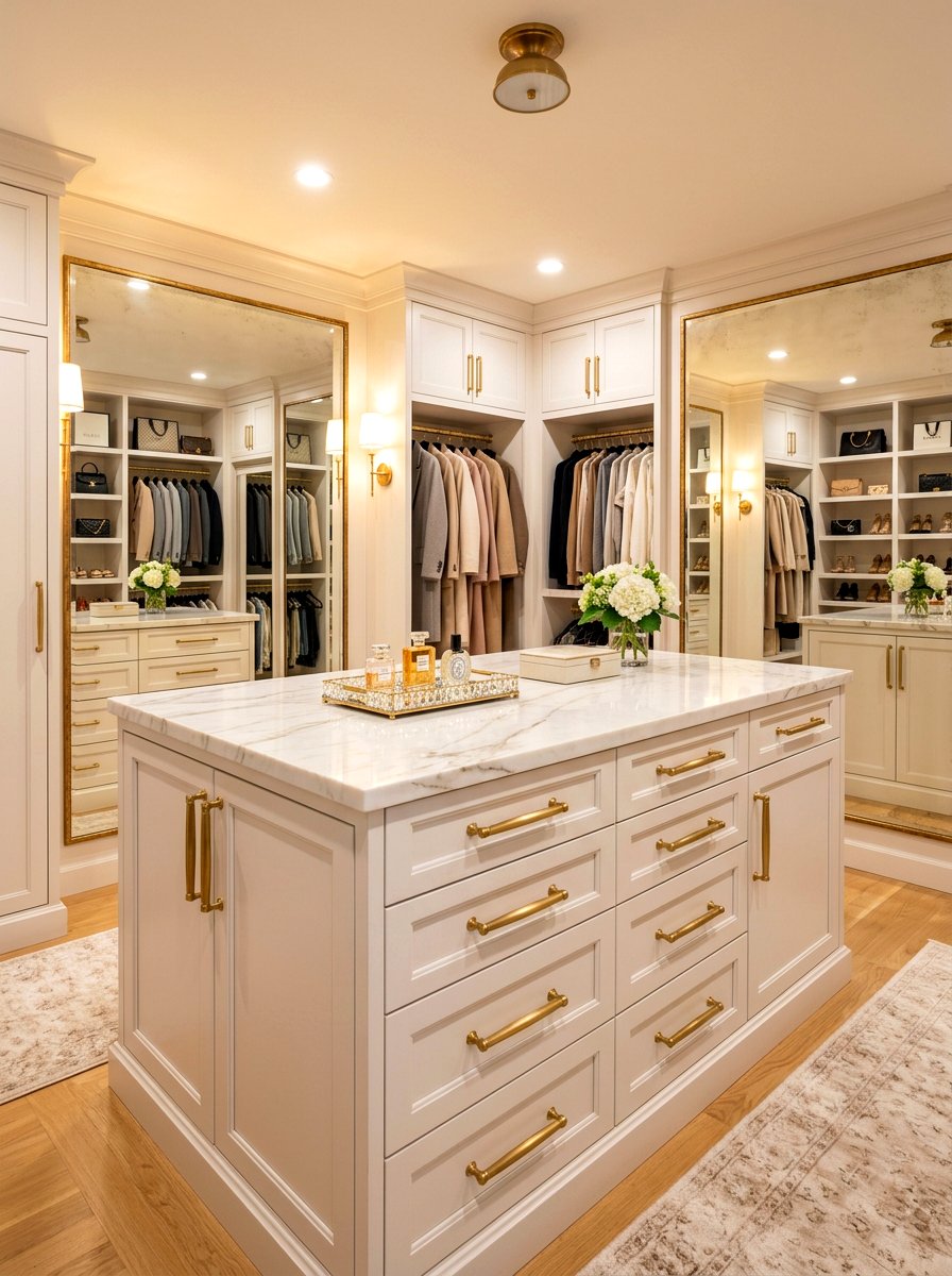 Gold hardware closet island - 30 island dresser closet ideas