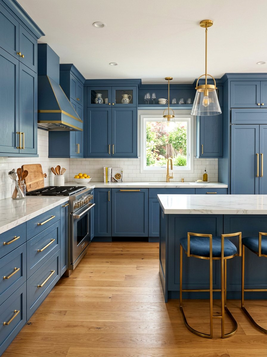 Gold hardware on blue cabinets - 30 denim blue kitchen ideas