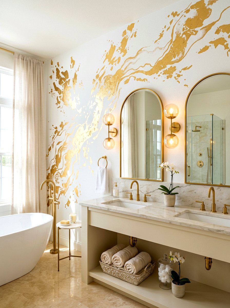Gold leaf accent bathroom mural - 30 mural bathroom ideas