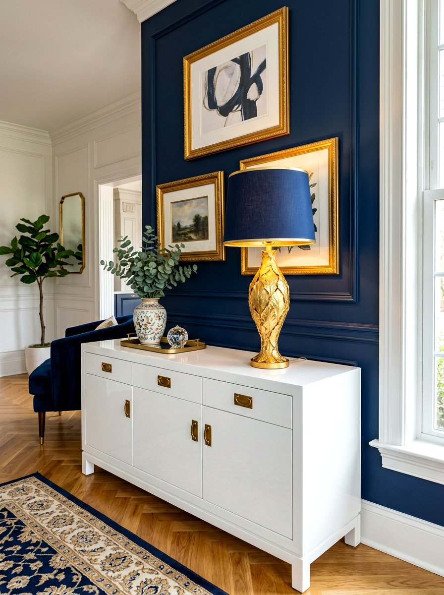 Gold leaf table lamp - 30 cozy lamp lit living room ideas