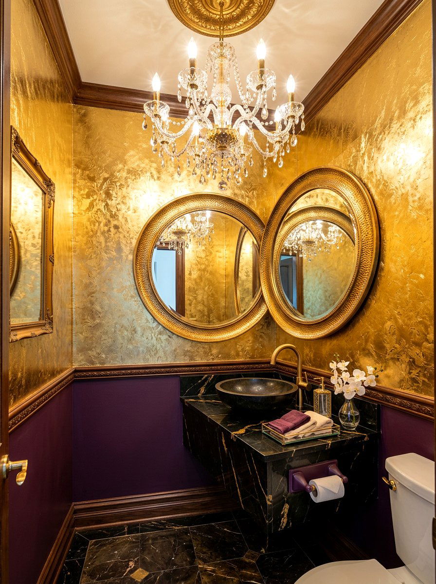 Gold leaf wallpaper - 30 aubergine powder room ideas