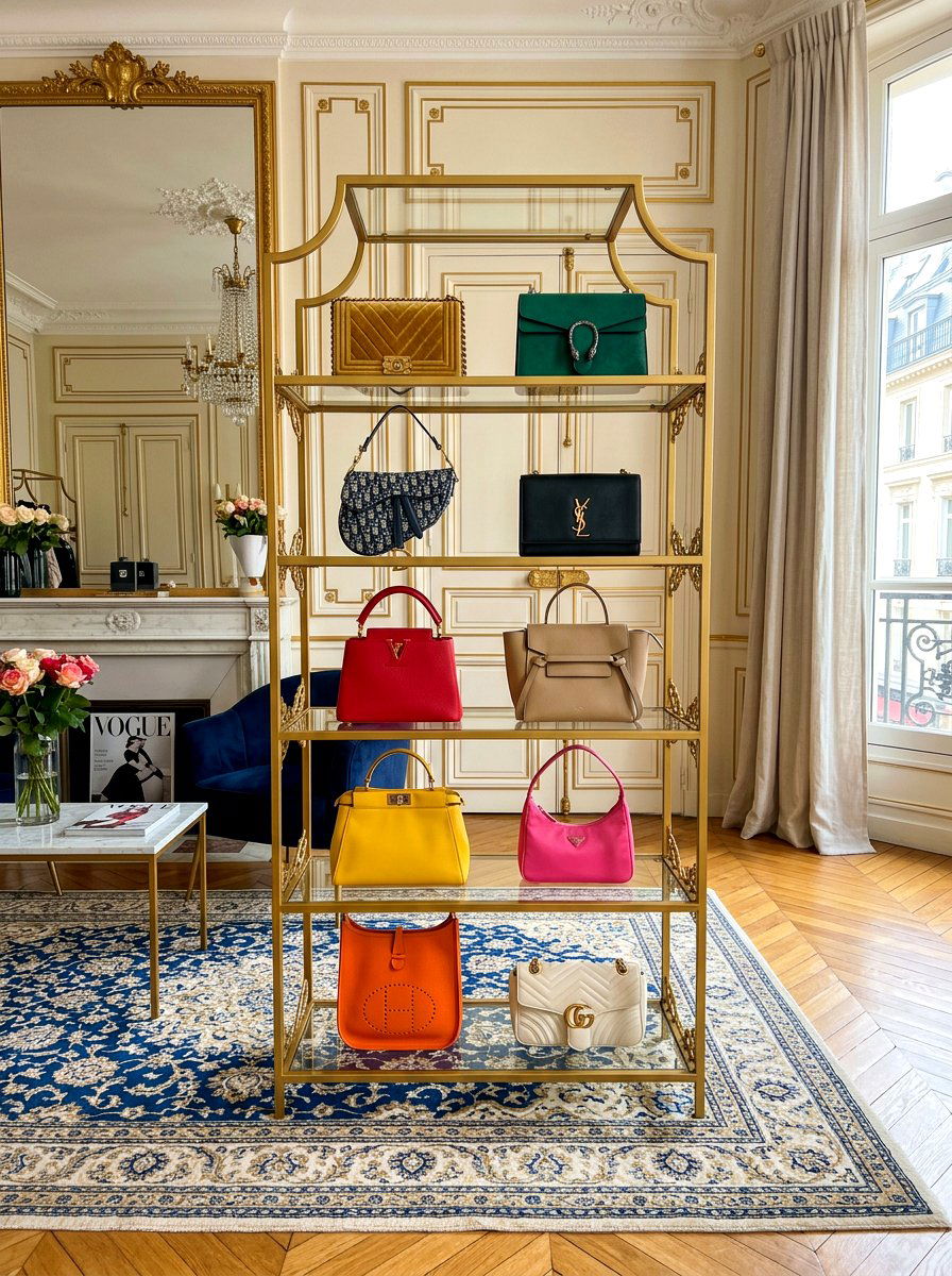 Gold metal etagere display - 30 purse display closet ideas