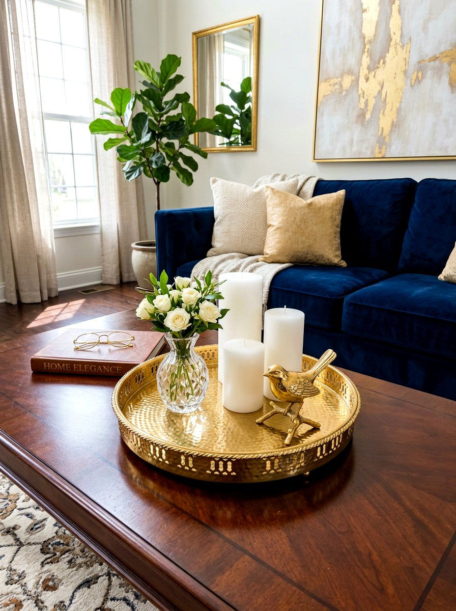 Gold metal tray decor - 30 coffee table tray styling ideas
