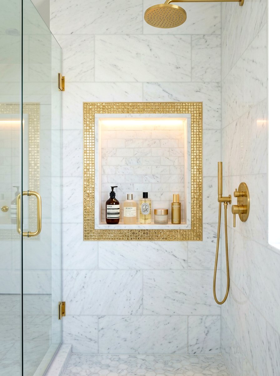 Gold metallic tile border - 30 niche tile contrast ideas
