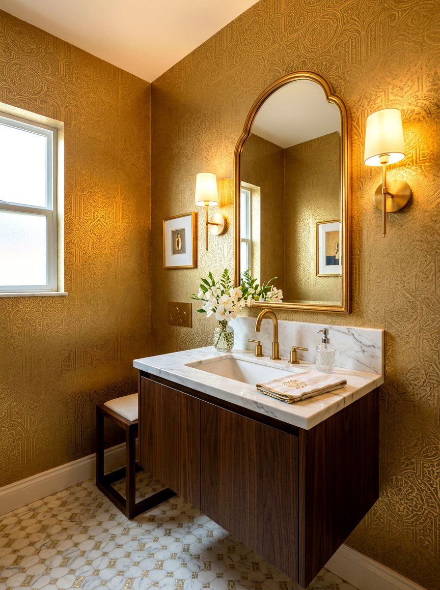 Gold metallic wallpaper - 30 jewel box powder room wallpaper ideas