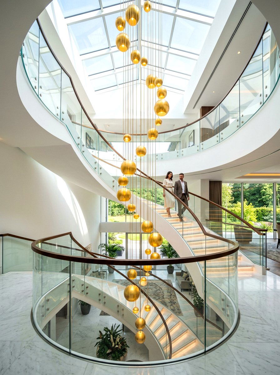 Gold orb staircase lighting - 30 dramatic pendant cluster ideas