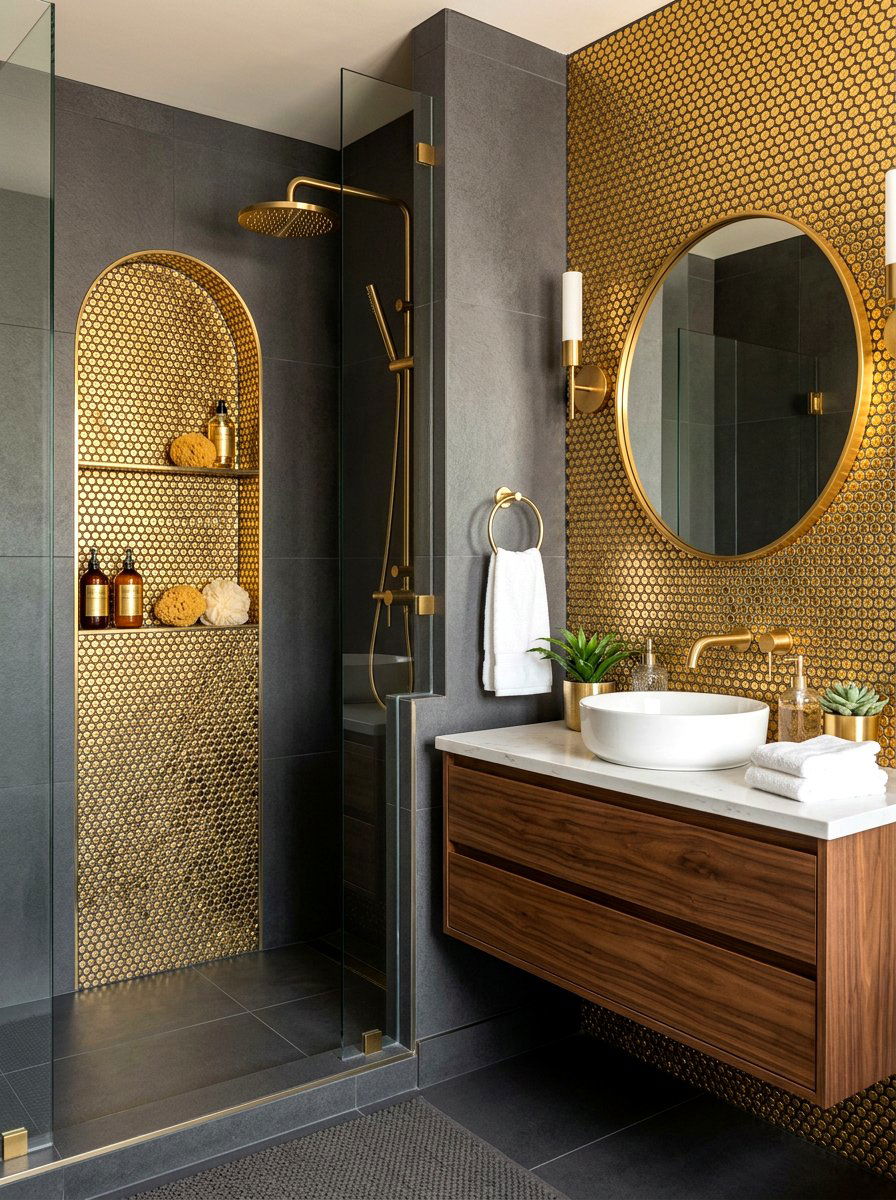 Gold penny tile accents - 30 penny tile bathroom ideas