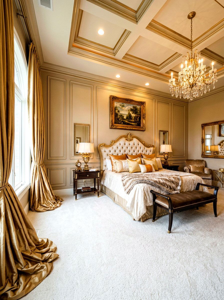 Gold satin puddled curtains - 30 puddled curtains bedroom ideas