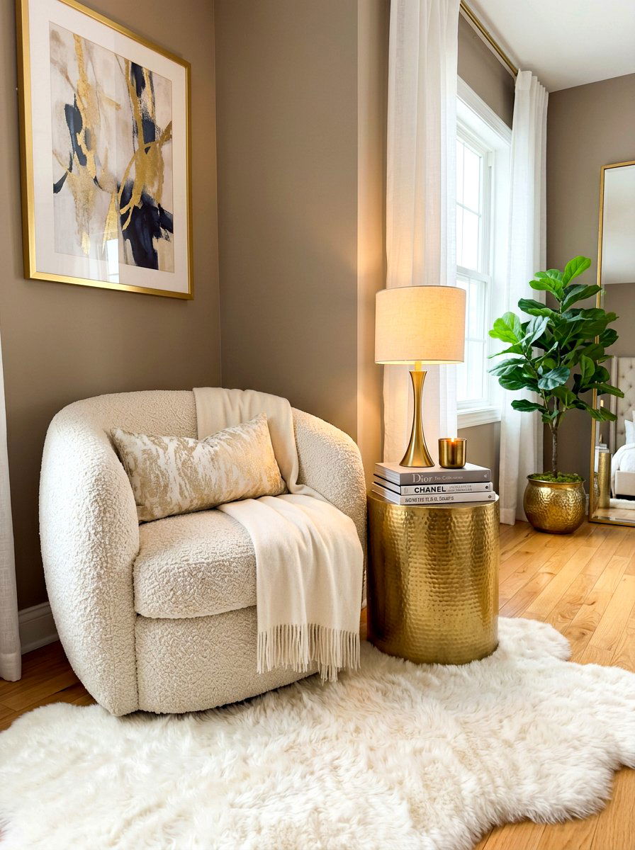 Gold side table boucle chair - 30 boucle chair corner ideas