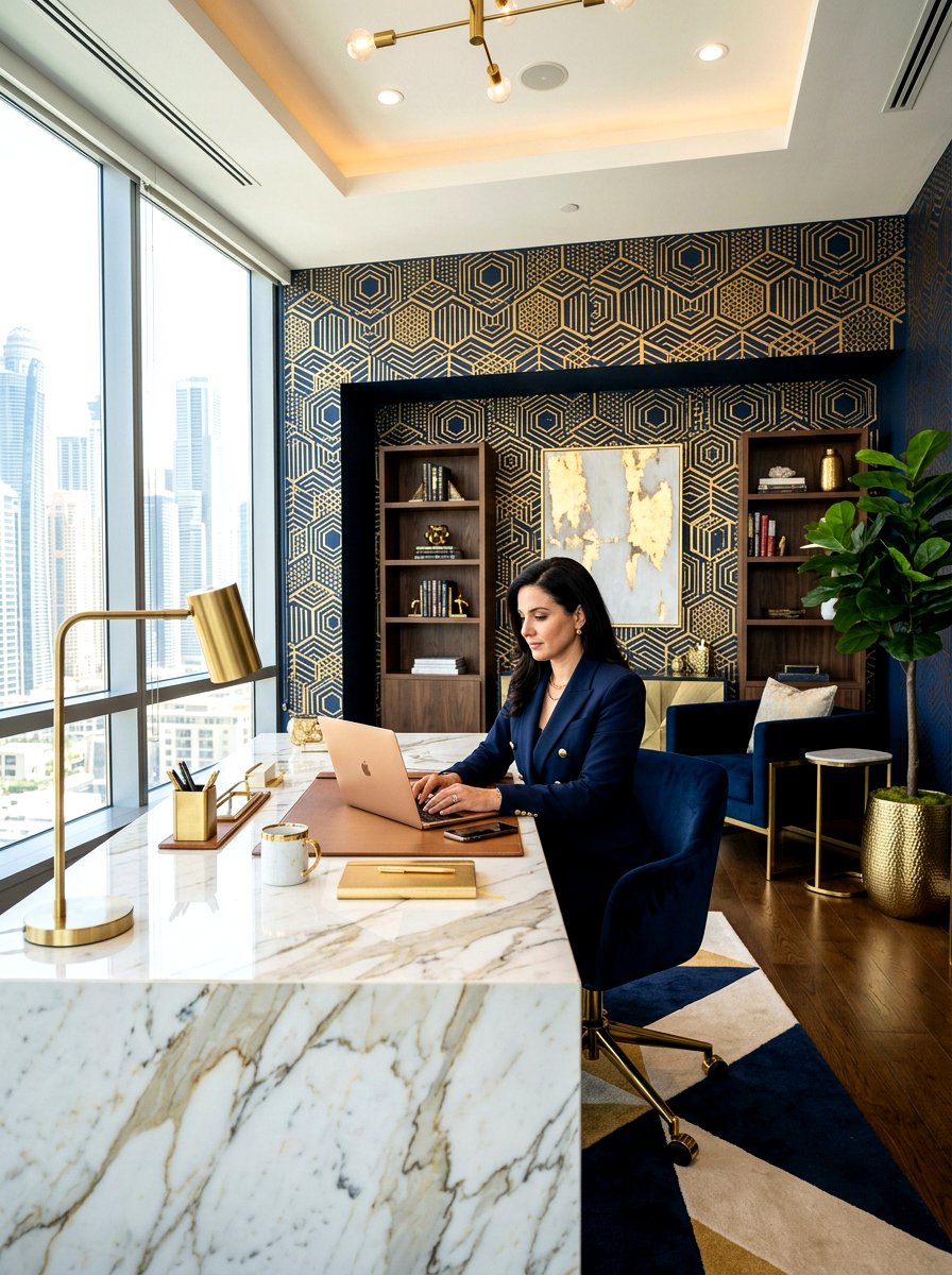 Gold stencil office wall - 30 office accent wall ideas
