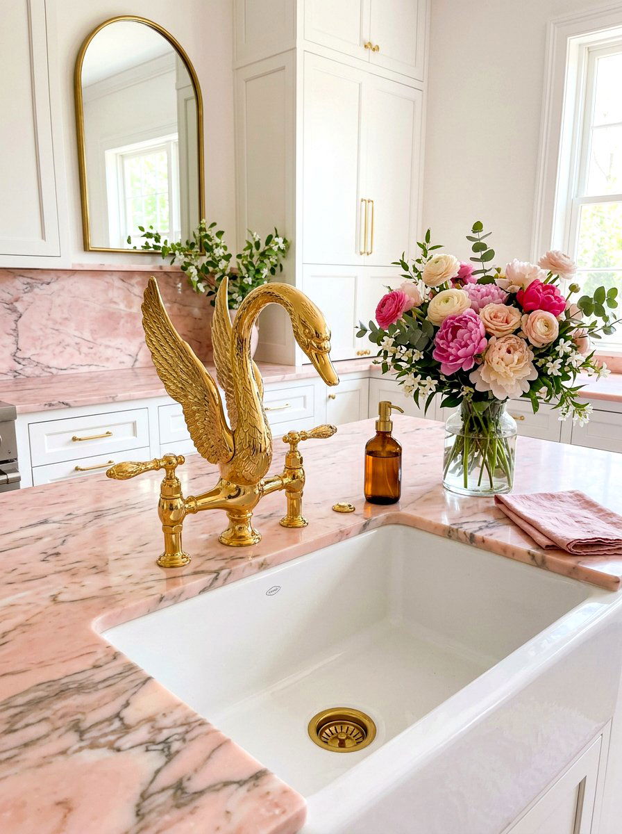 Gold swan faucet - 30 coquette kitchen ideas