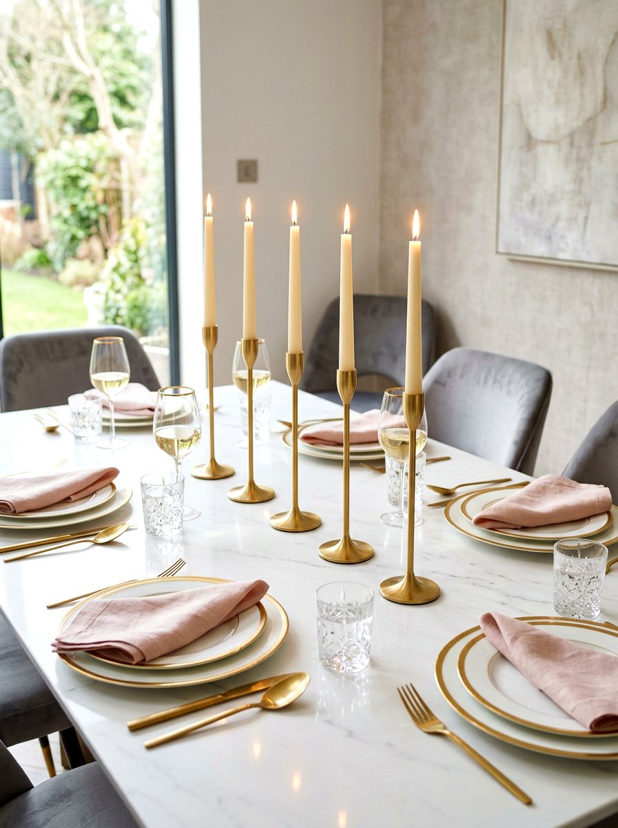Gold taper candle holder dining set - 30 candlelit dining room ideas aesthetic