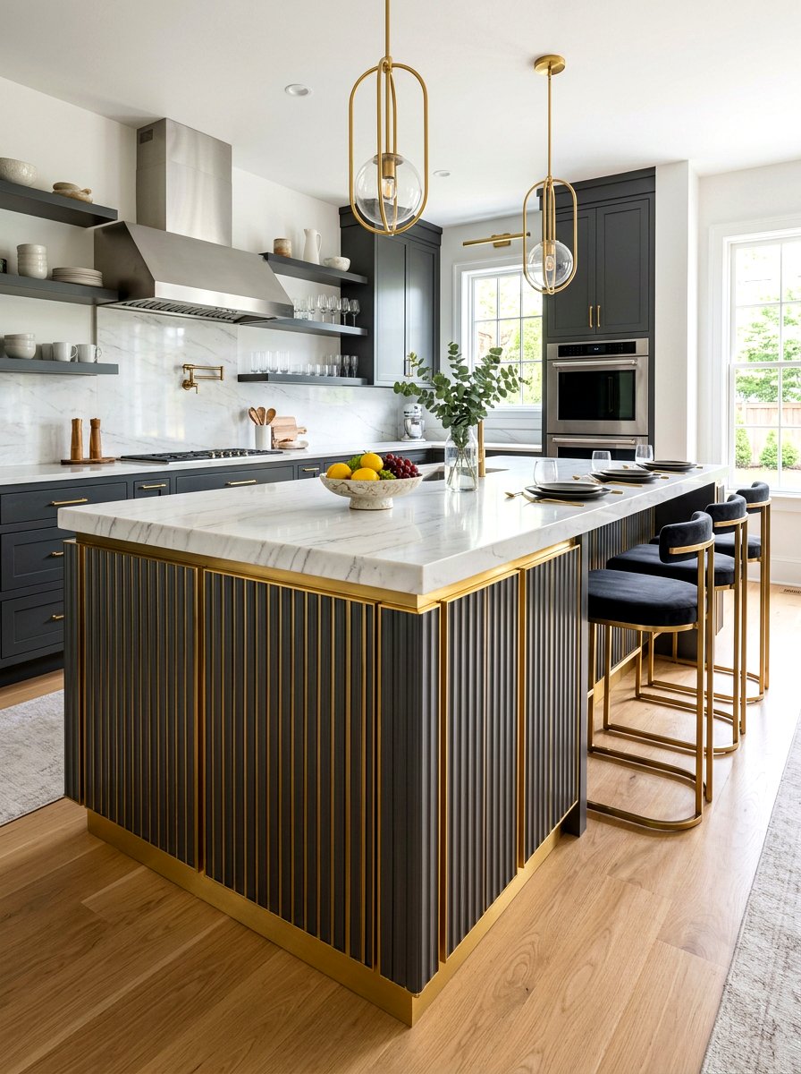 Gold trim fluted kitchen island - 30 fluted kitchen island ideas