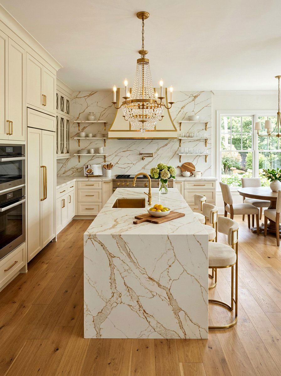 Gold veined quartz - 30 quartz kitchen ideas