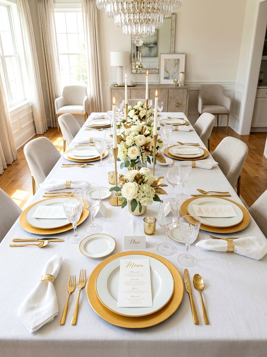 Gold white tablescape - 30 New Year brunch table ideas