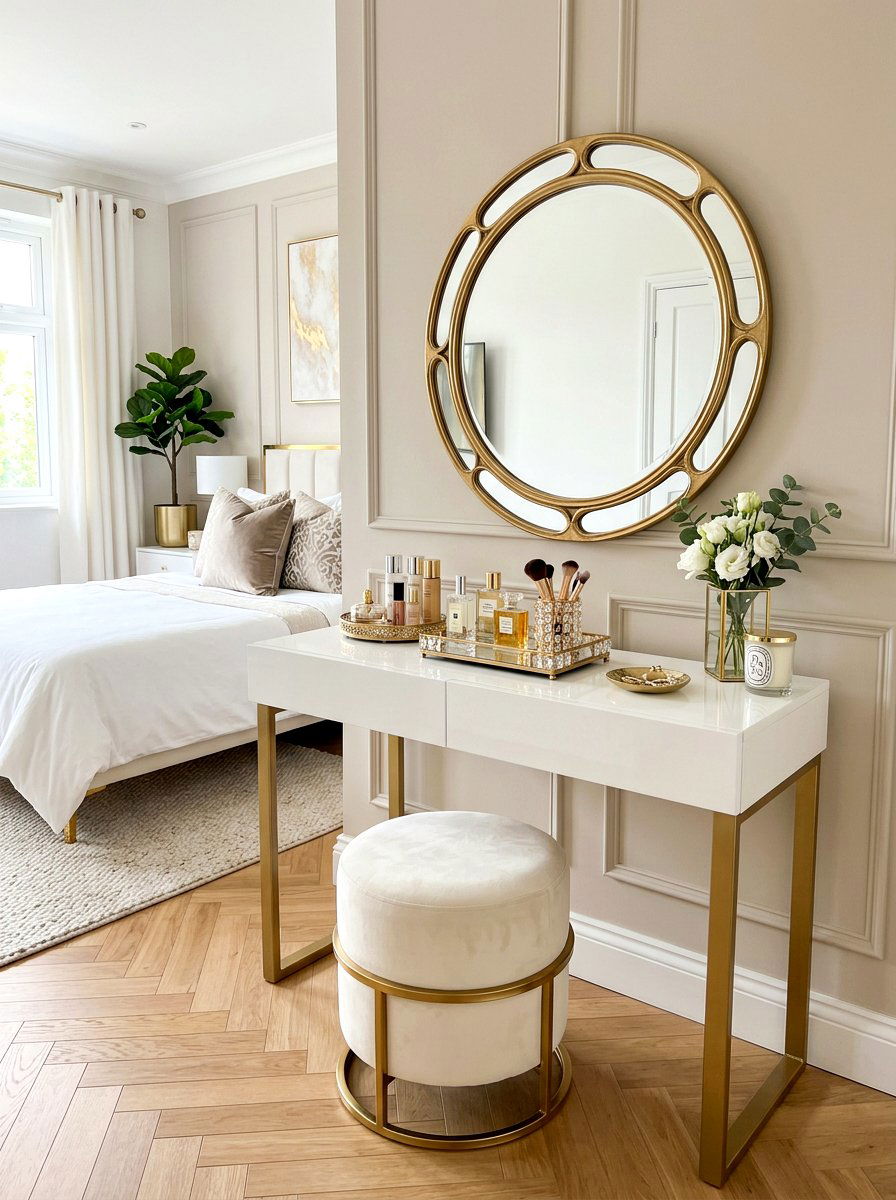Gold white vanity - 30 bedroom vanity corner ideas