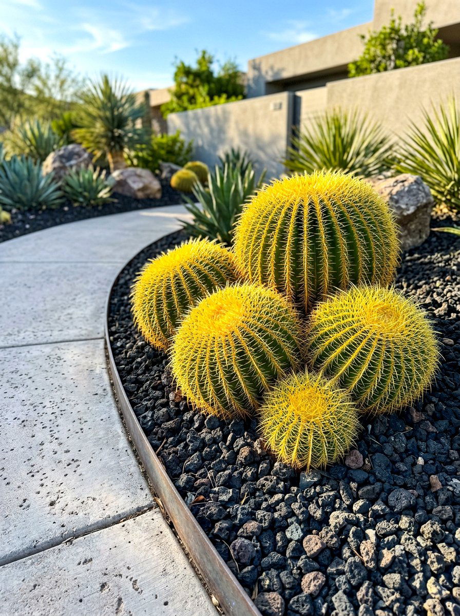 Golden Barrel Cactus Grouping - 30 cactus front yard ideas