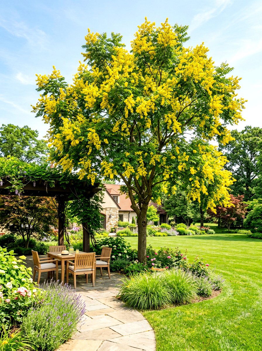 Golden Rain Tree Shade - 30 ornamental tree landscaping ideas