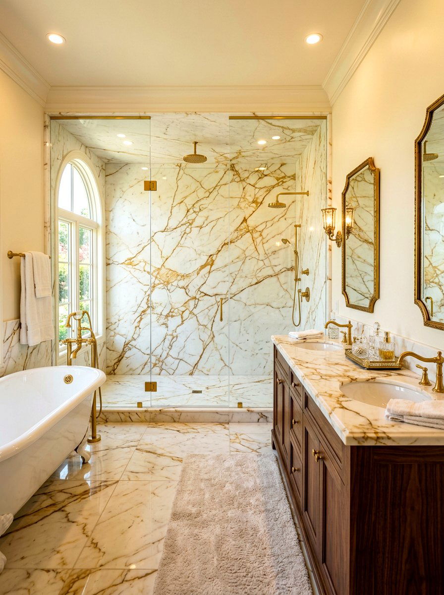 Golden Spider Marble Shower - 30 stone slab shower wall ideas
