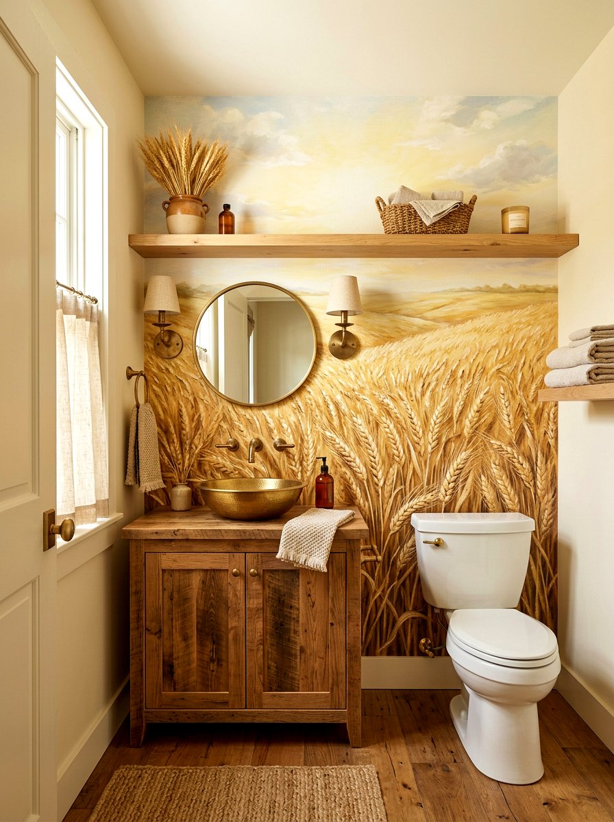 Golden Wheat Field Mural - 30 landscape mural powder room ideas