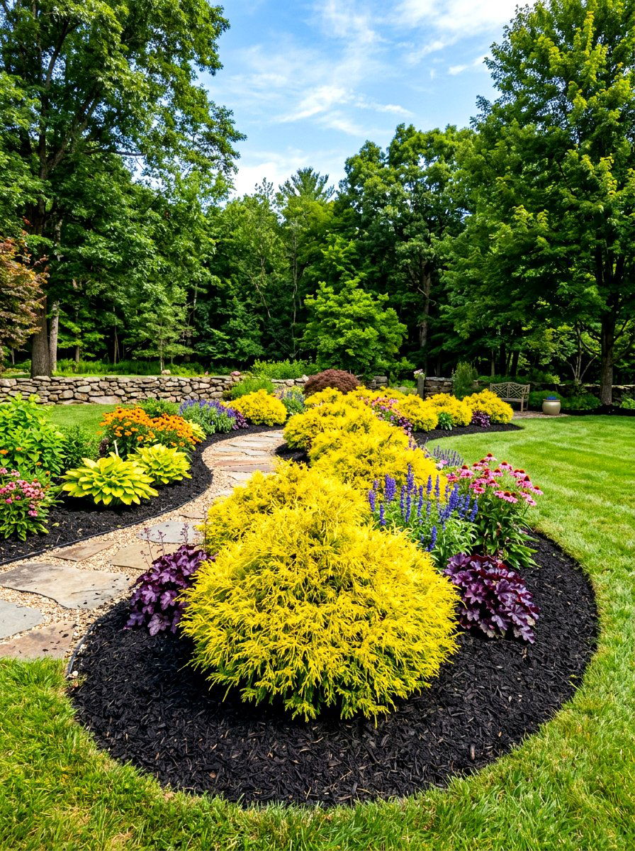 Golden mop cypress landscape - 30 evergreen front yard ideas