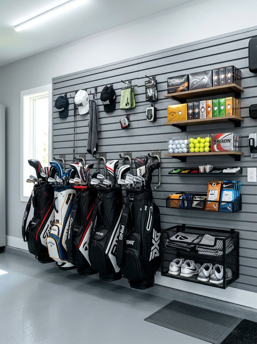Golf gear storage hub - 30 garage slatwall ideas