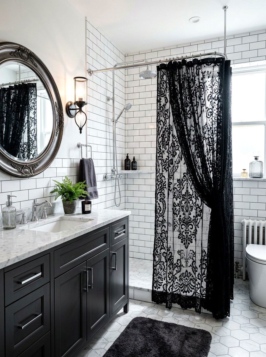Gothic lace shower curtain - 30 shower curtain bathroom ideas
