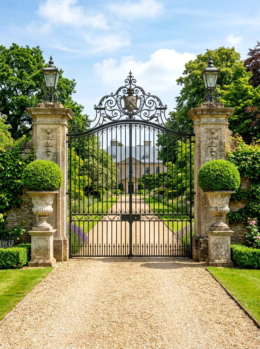 Grand Entrance Gate With Topiary Balls - 30 driveway gate landscaping ideas
