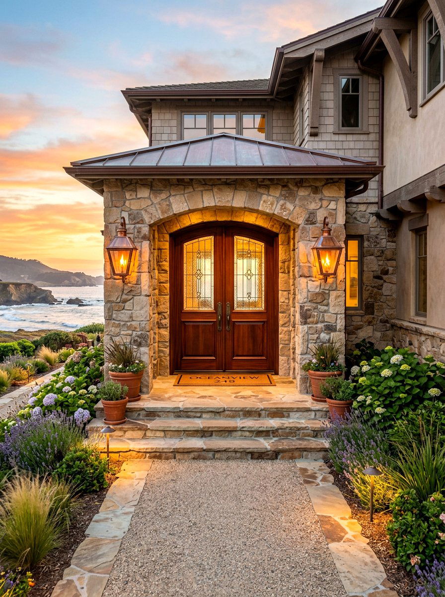 Grand coastal entry with gas lanterns - 30 coastal exterior ideas