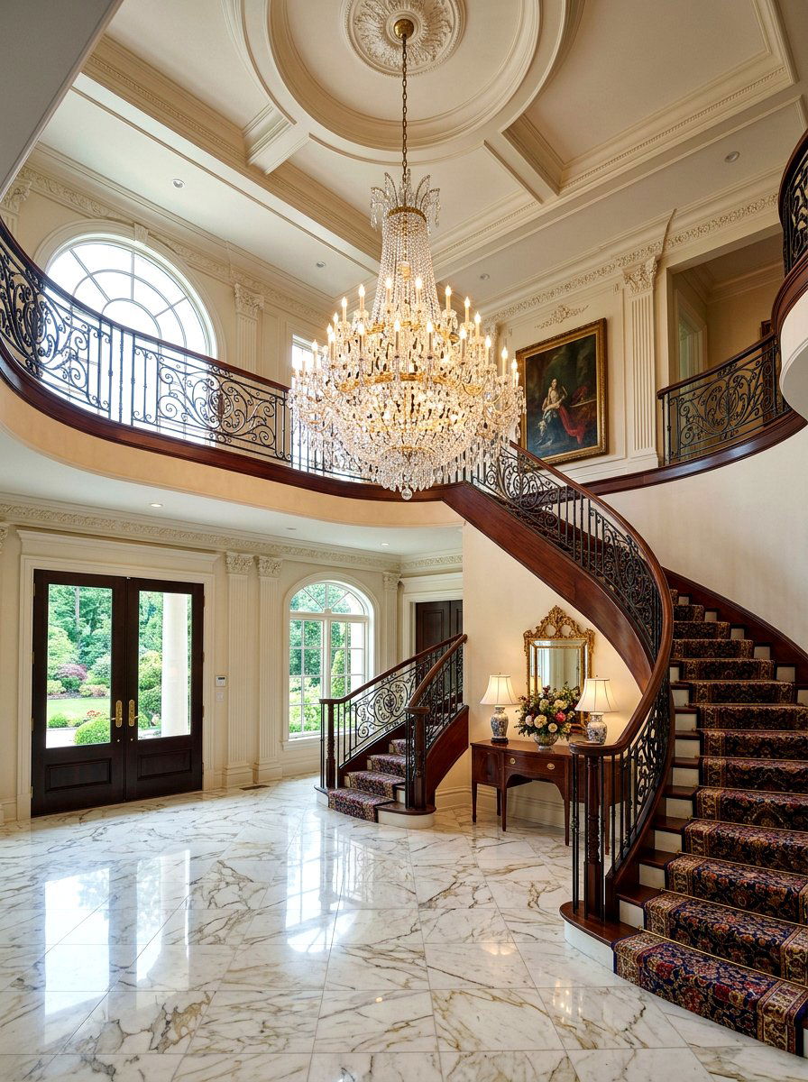 Grand crystal chandelier for foyer - 30 statement staircase lighting ideas