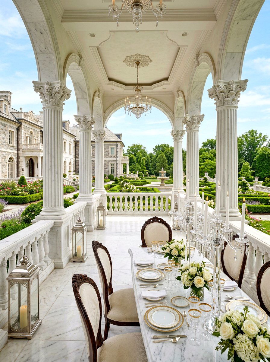 Grand estate marble veranda - 30 candlelit patio dinner ideas