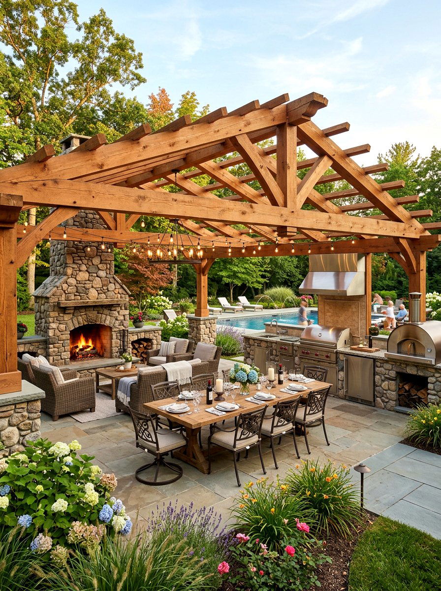 Grand outdoor kitchen pavilion - 30 pergola with kitchen ideas