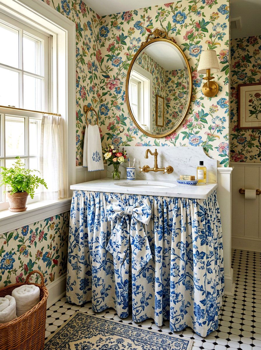 Grandmillennial Style Skirted Sink - 30 skirted powder room sink ideas