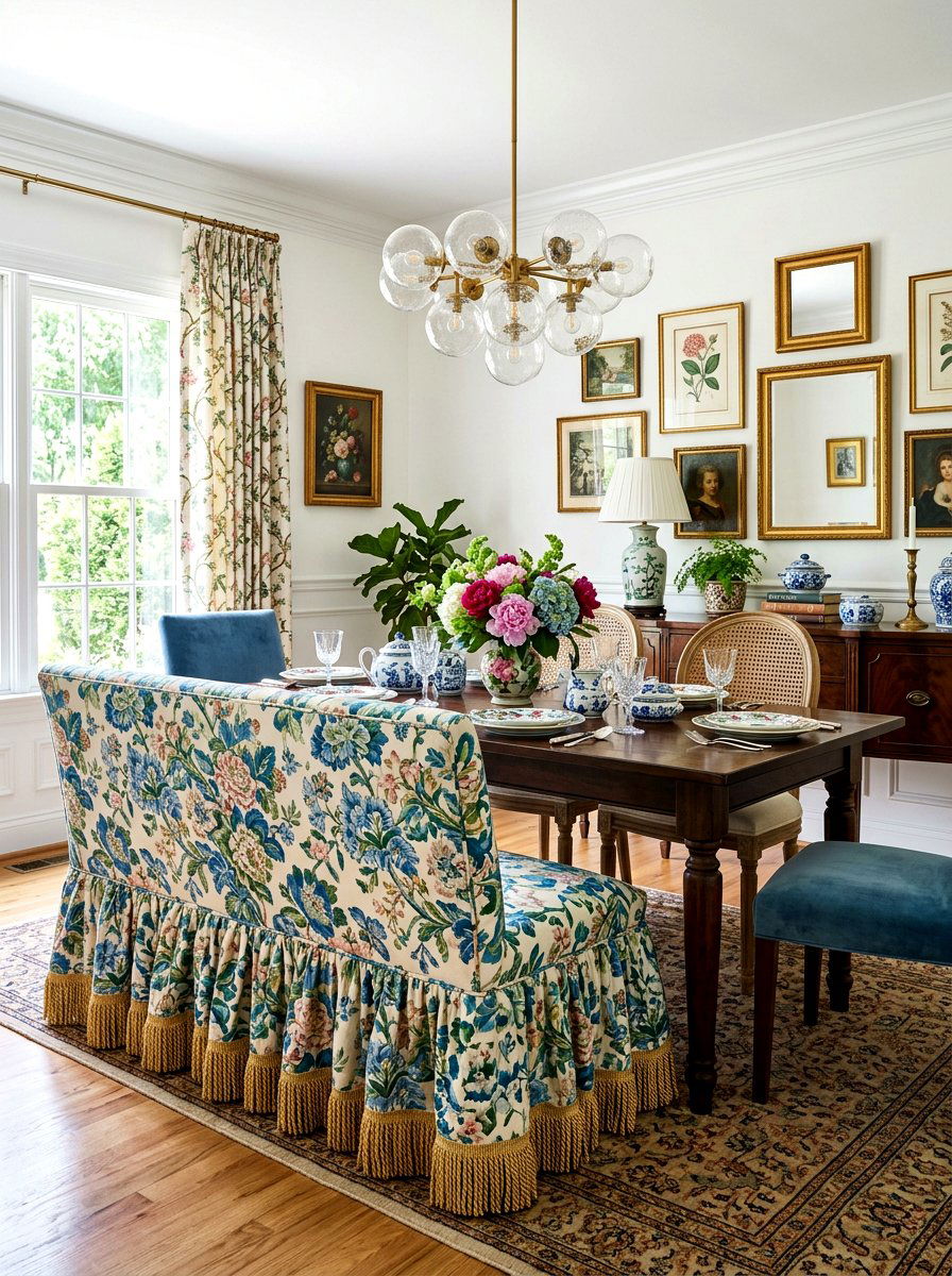 Grandmillennial dining bench skirt - 30 skirted dining bench ideas