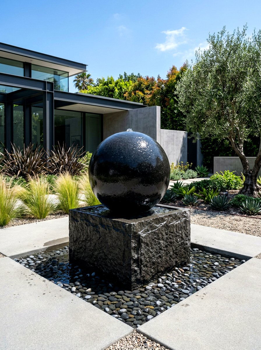 Granite Sphere Fountain - 30 water feature landscaping ideas