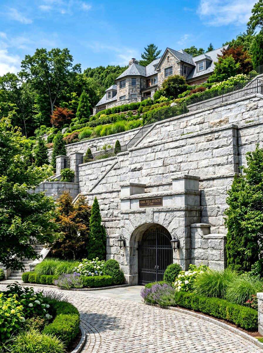 Granite stone wall - 30 sloped backyard retaining wall ideas